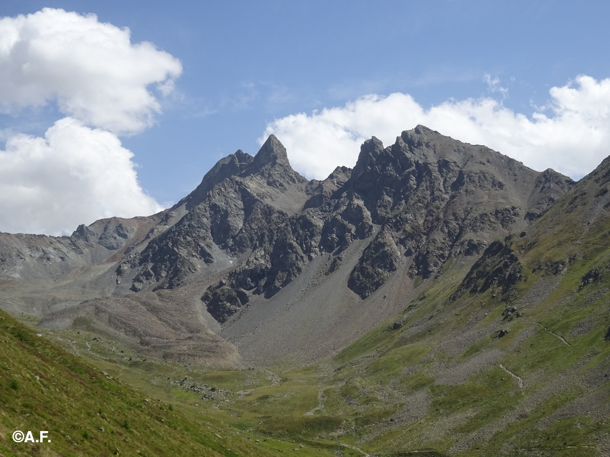 Vista da Muottas Muragl: a sinistra il Piz Muragl e la sua anticima, a destra le due cime di las Sours