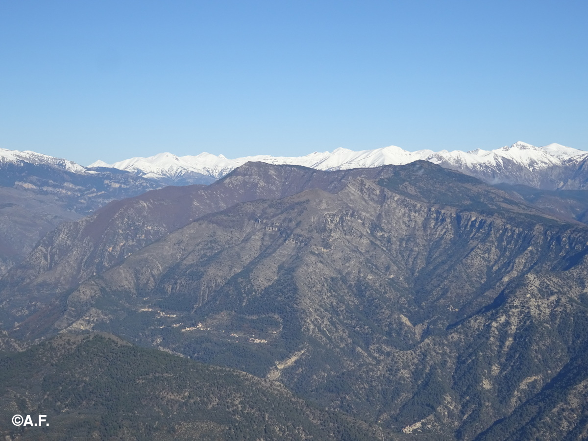Panorama dal Monte Grammondo: davanti alle Alpi innevate si elevano la Punta dell'Arpetta e la Testa d'Alpe
