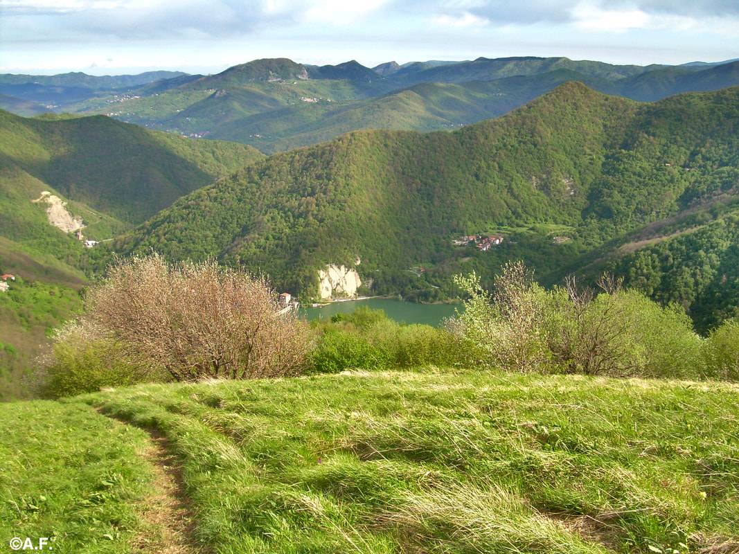 Dall'ultima parte della salita spunta una piccola parte del Lago di Val Noci; sullo sfondo il Monte Maggio