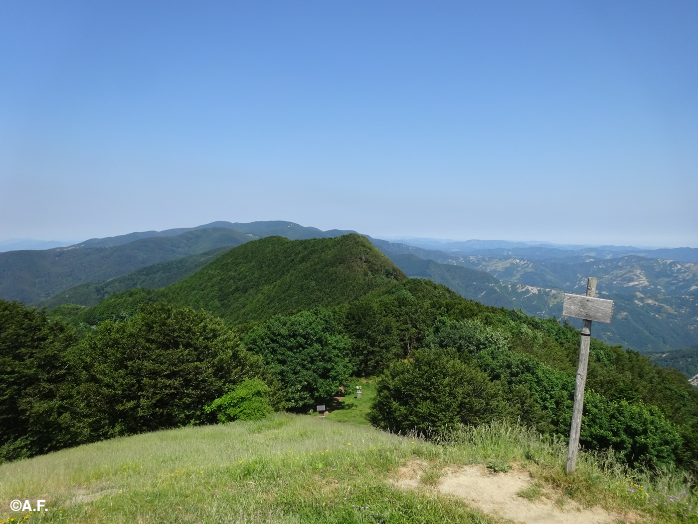 Panorama verso ovest dal Poggio Scali; sullo sfondo i monti Falterona e Falco