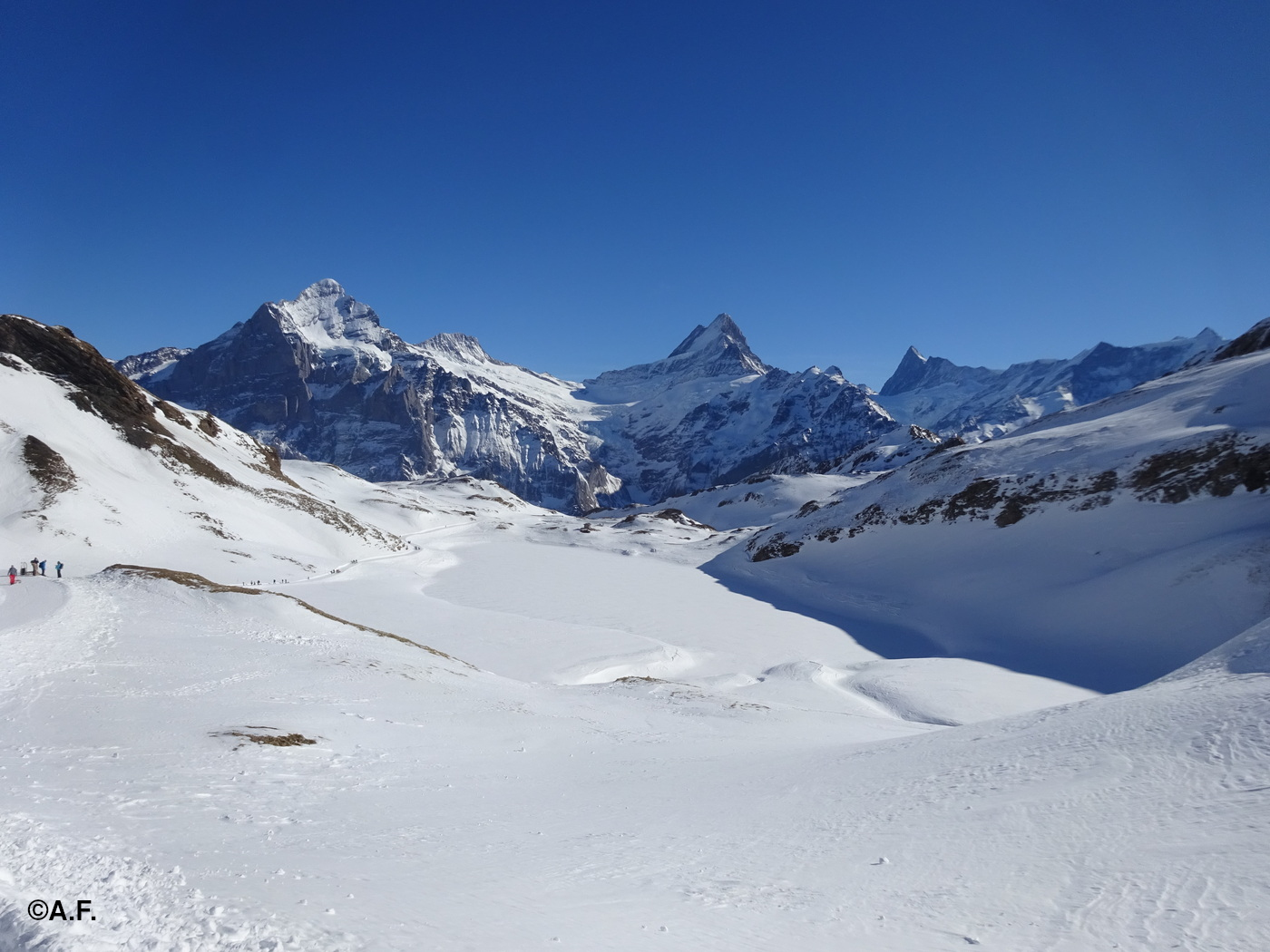 Il Bachalpsee ghiacciato; sullo sfondo Wetterhorn, Schreckhorn e Finsteraarhorn