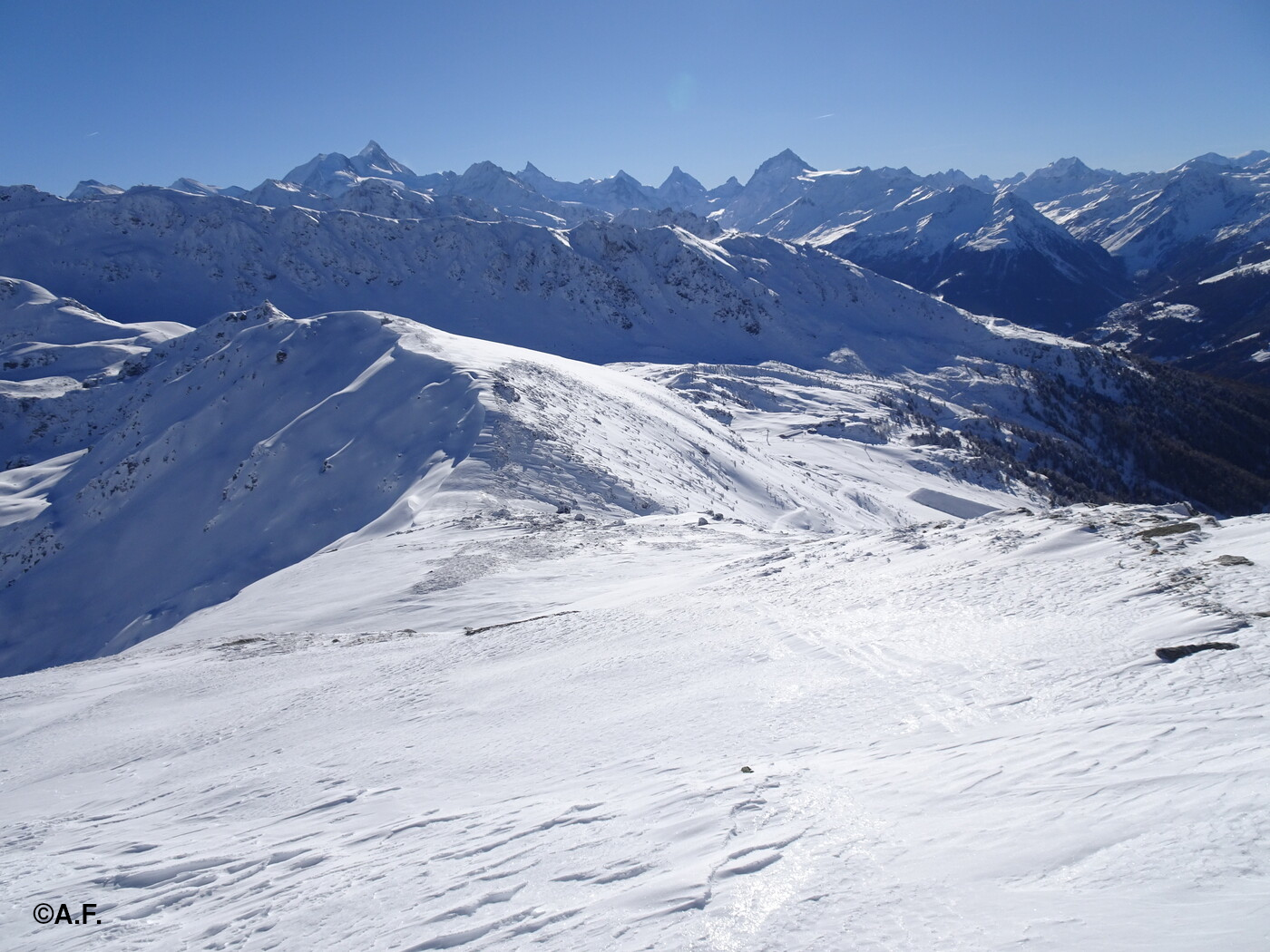 Panorama verso sud; sullo sfondo i "4000" delle Alpi Pennine dal Weisshorn alla Dent Blanche