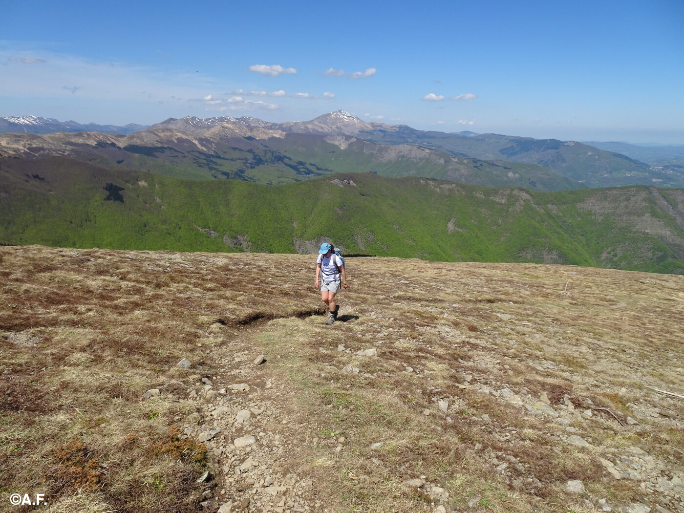 Rimontando lo spallone sommitale del Monte la Nuda, con il Monte Cimone sullo sfondo